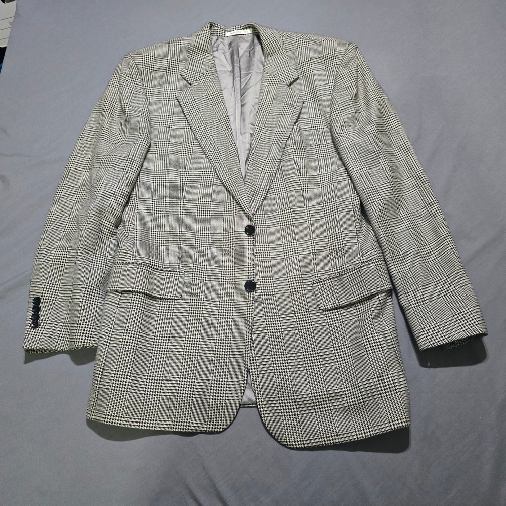 Hugo Boss Blazer Mens 42R Black White Glen Plaid Silk Wool Blend Made in USA